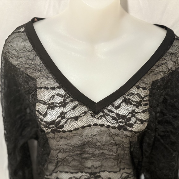 Sheer Black Lace Goth Mini Dress Tunic Top Y2K Batwing Sleeves Asymetrical Hem - Picture 5 of 7
